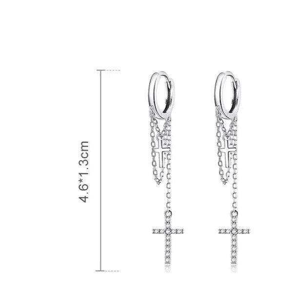 Brincos de Prata 925 Cruz Clássica com Corrente Longa e Zircônias - Elayzan